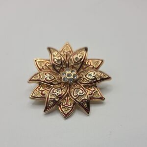 Gold and Red Pointsettia Brooch.  With Crystals By Holiday Lane